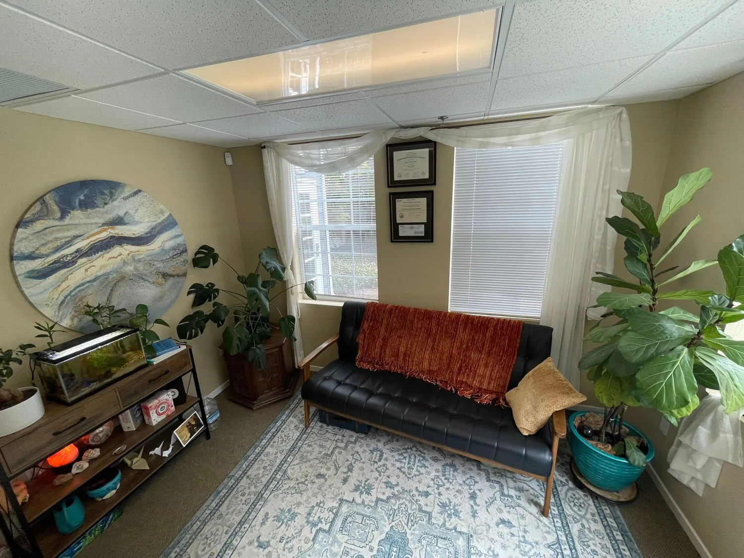 Warm therapy office seating area