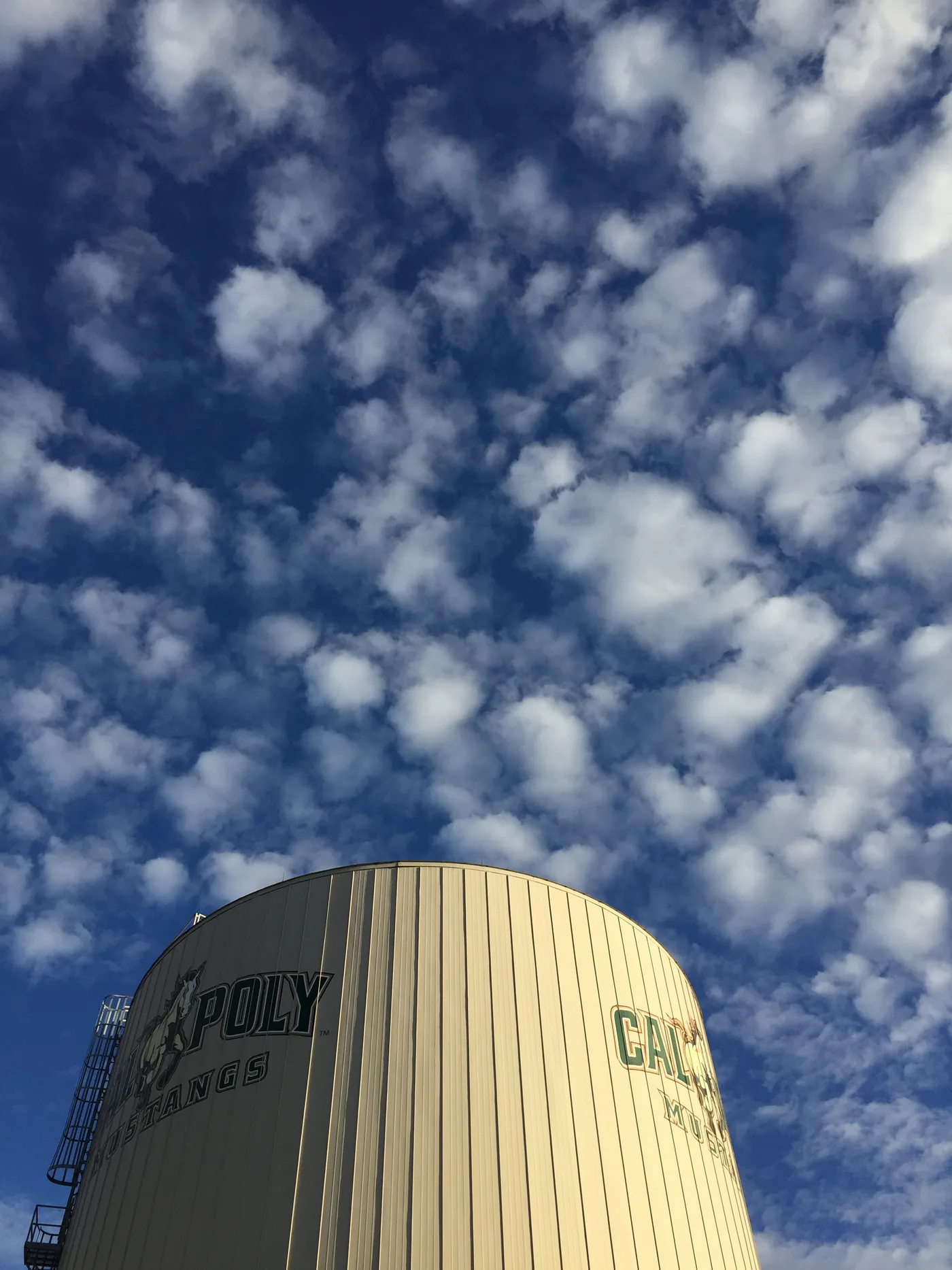 The Cal Poly San Luis Obispo water tower under a mackerel sky